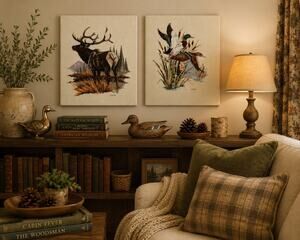 Vintage Framed Wildlife Needlepoint Pair Deer & Ducks Cabin Lodge Wall Art Decor